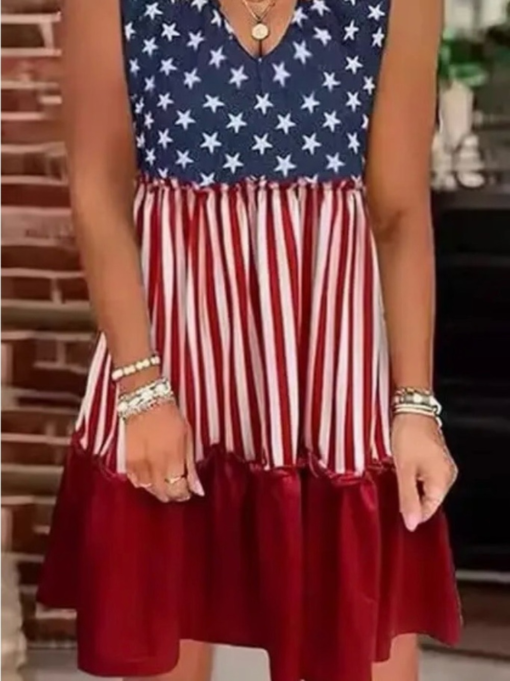 🐿️-Patriotic Star & Stripe Tiered Dress in Red, White & Blue- Boutique- New - Picture 3 of 4